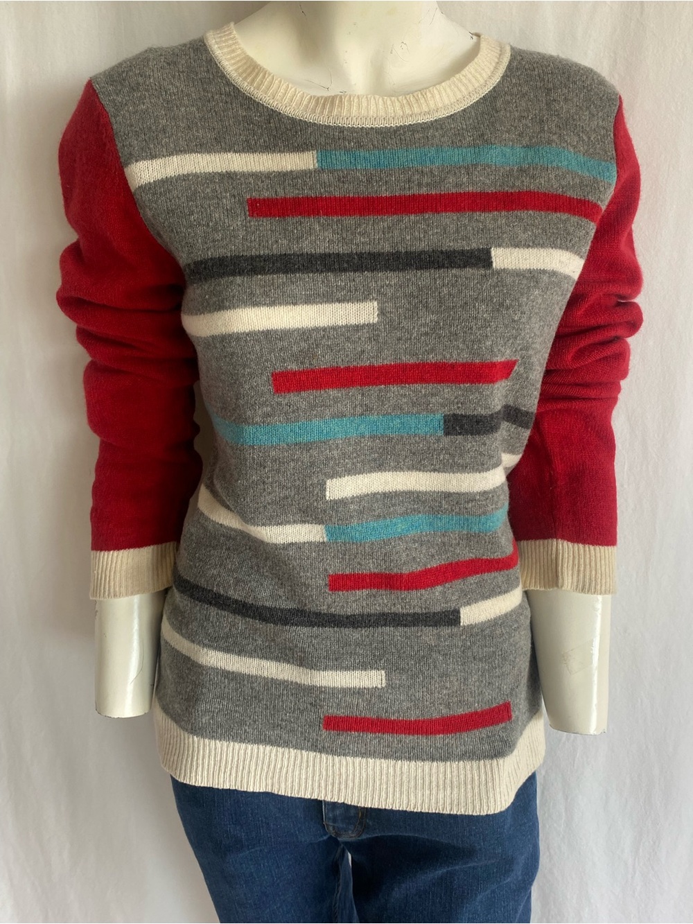 Kew London 100% Merino Wool Colorblock Sweater Red Grey Neutral Trim L